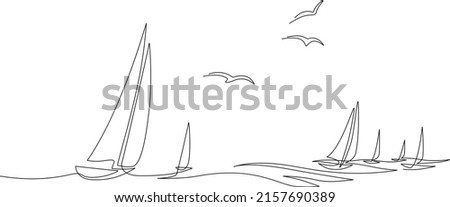 Yachts on sea waves. Seagull in the sky. Draw one continuous line. Vector illustration. Isolated on white background Royalty-Free Stock Photo #2157690389