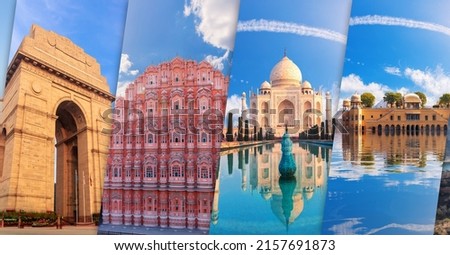 Gate of India, Hawa Mahal, Taj Mahal and Jal Mahal in one collage of India Royalty-Free Stock Photo #2157691873