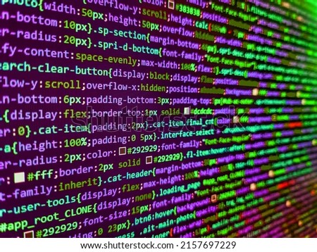 Computer science lesson. Writing programming functions on laptop. HTML5 concept macro backdrop in warm colors. Programming code abstract technology background of software developer and Computer script
