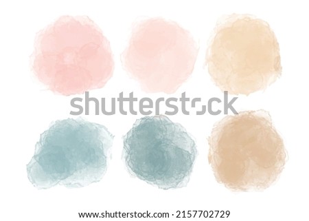 Color watercolor circle dots set. Vector smear watercolour splash stain. Round pastel hand drawn watercolor background with blue, pink, brown ink color.