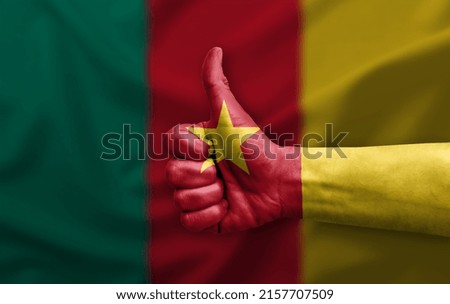 Hand making thumb up painted with flag of cameroon
