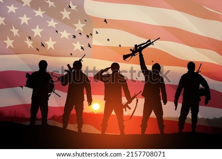 USA army soldiers on a background of sunset or sunrise and USA flag. Greeting card for Veterans Day, Memorial Day, Independence Day. America celebration. 3D-rendering.