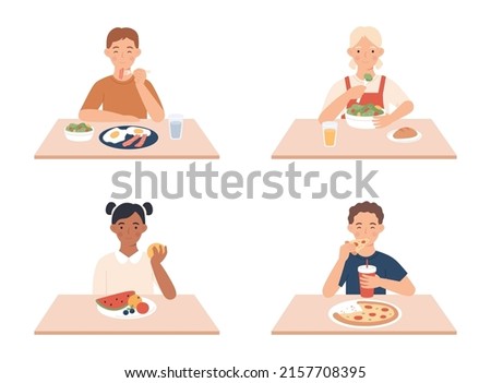 Kids eating. Boys and girls sitting at table and having breakfast. Happy little female and male characters eating different food as eggs and bacon, salad, fruits and pizza vector set