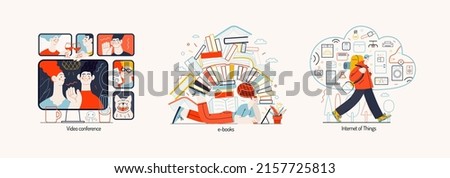 Technology Memphis illustrations -modern flat vector concept digital illustration on Video Conference, e-books and Internet of things. Creative landing web page illustrations set Royalty-Free Stock Photo #2157725813