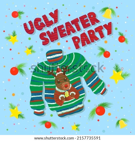 New Year and Christmas hand drawn banner Ugly Sweater Party with knitted lettering and sweater with deer print and ornaments