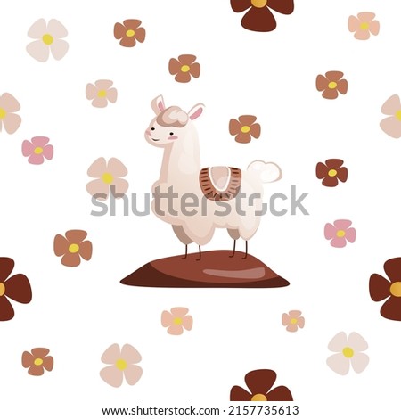 Lama on the background of flowers that stands on a hill.
The picture can be used for children's rooms, wallpapers, textiles, fabrics, banners, posters.

