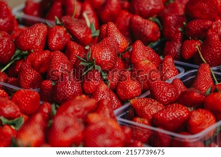 Close-up of a selective focus of ripe strawberries on the counter. Strawberries are sold in boxes as a healthy food. Top view of delicious, fresh, juicy strawberries, just picked. Juicy berries. Royalty-Free Stock Photo #2157739675