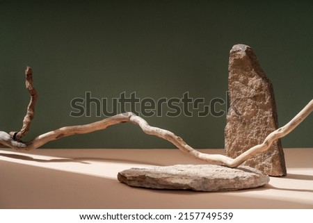 Composition empty podium material tree stone dry flowers. Product presentation. Background beige green. Beautiful background from natural materials Royalty-Free Stock Photo #2157749539