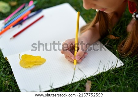 A teenage girl lies on the grass and draws with colorful pencils. She is wearing a red T-shirt.