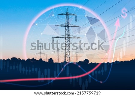 Power lines, stock price charts and ascending arrows with the symbol of the US dollar. The global energy crisis with the rise in the cost of energy carriers, inflation, energy saving concept Royalty-Free Stock Photo #2157759719
