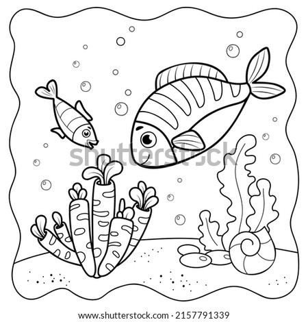 Fish black and white. Coloring book or Coloring page for kids. Marine background vector illustration