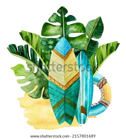 Bright summer marine watercolor illustration.  Hand drawn turquoise surfer boards and lifebuoy with tropical leaves. Design for posters, postcards and other. Vacation, travel