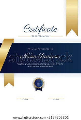 Modern certificate of achievement template with elegant shiny gold badges decoration on white background