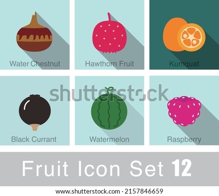 fruit icon set, vector, such as watermelon, raspberry, hawthorn fruit, black currant, kumquat, water chestnut