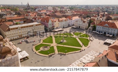 Drone photo of famous Union Square in Timisoara, Romania Royalty-Free Stock Photo #2157847879