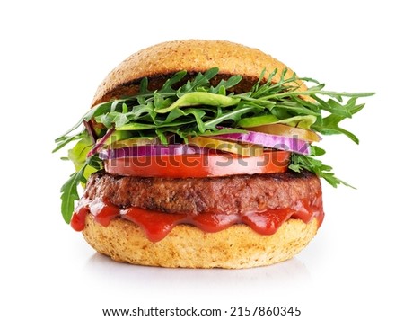 Burger with vegan meat patty isolated on white background.  Royalty-Free Stock Photo #2157860345