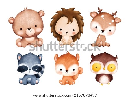 Watercolor set of Cute Baby Animals Illustration 