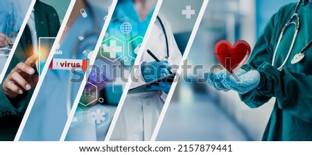 Photo set of doctor working healthcare and medicine concept, Doctor holding red heart and futuristic technology.