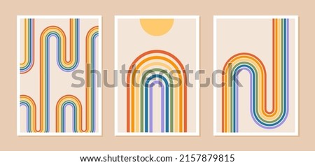 Set of abstract posters with rainbow and sun or moon. Contemporary minimalist background in modern boho style. Mid century wall decor, art print with LGBT symbol. Pride patterns. Vector illustration. Royalty-Free Stock Photo #2157879815