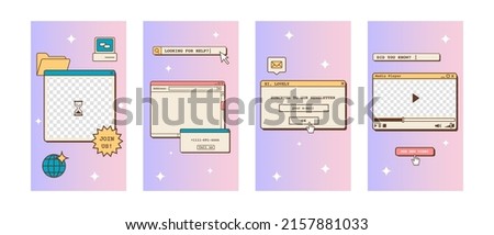 Social media ig story templates in old school nostalgic design with computer interface elements. Retro 80s 90s aesthetic backgrounds. Set of vintage vertical banners in vaporwave Y2K style. Vector. Royalty-Free Stock Photo #2157881033