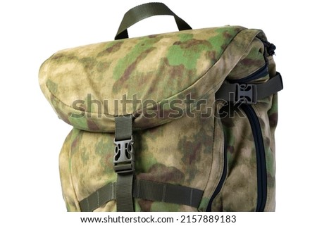 Close up photo still life  of a green army tactical backpack