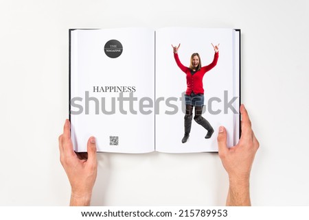 young girl making horn gesture printed on book