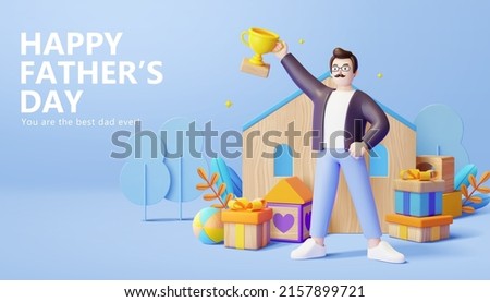 3d father's day or birthday greeting card design. A man holding trophy in front of house shaped board with gift boxes, and wooden toy blocks.