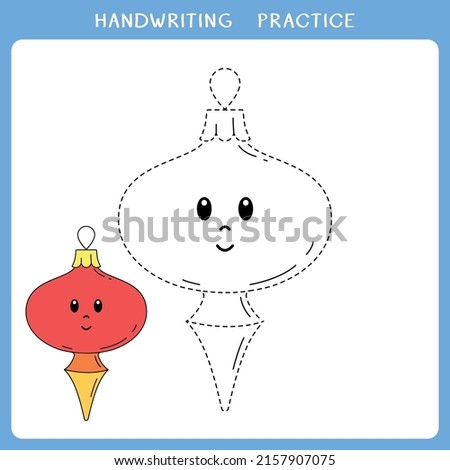 Handwriting practice sheet. Simple educational game for kids. Vector illustration of cute christmas bauble for coloring book