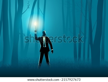 Business concept illustration of a businessman walking with torch in the dark woods