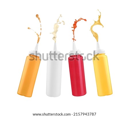 set of sauces fly out of the bottle Royalty-Free Stock Photo #2157943787