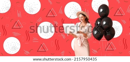 Happy young woman with laptop and balloons on color background. Black Friday sale. Banner for design