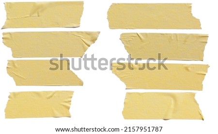 Torn horizontal and different size yellow sticky tape, sticky pieces isolated on white background. Set of yellow tapes. Royalty-Free Stock Photo #2157951787