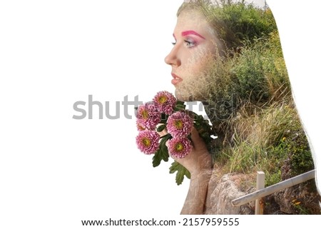 Double exposure of beautiful young woman with unusual makeup holding flowers and plants on white background
