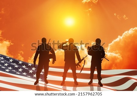 USA army soldiers saluting with nation flag on a background of sunset or sunrise. Greeting card for Veterans Day, Memorial Day, Independence Day. America celebration. 3D-rendering.