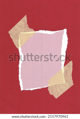 torn pink paper piece fixed by crepe tape on red paper background. collage template or poster overlay.