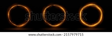 Modern magic witchcraft circle with runes. Ethereal fire portal sign with strange flame spark. Decor elements for magic doctor, shaman, medium. Luminous trail effect on transparent background. 