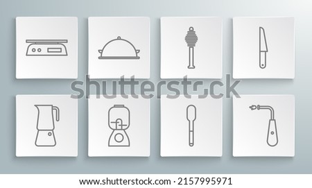 Set line Moka pot, Covered with tray of food, Blender, Spoon, Long electric lighter, Honey dipper stick, Knife and Electronic scales icon. Vector