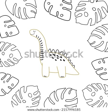 Vector hand drawn dinosaur on background with tropical leaves. Coloring book for children and adults. Children's poster, wallpaper. Cute dino.