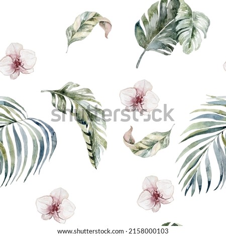 Tropical seamless Pattern with Leaves and Orchid. Watercolor illustration.