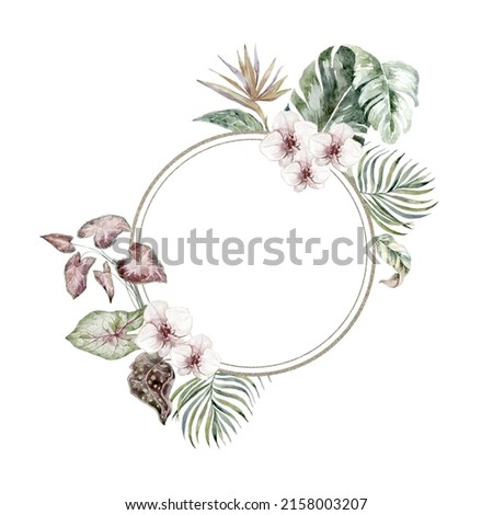 Frame with Tropical Leaves and Flowers. Watercolor illustration.
