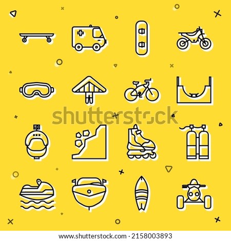 Set line ATV motorcycle, Aqualung, Skate park, Snowboard, Hang glider, Ski goggles, Longboard skateboard and Bicycle icon. Vector