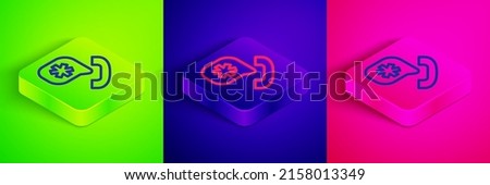 Isometric line Telephone with emergency call 911 icon isolated on green, blue and pink background. Police, ambulance, fire department, call, phone. Square button. Vector
