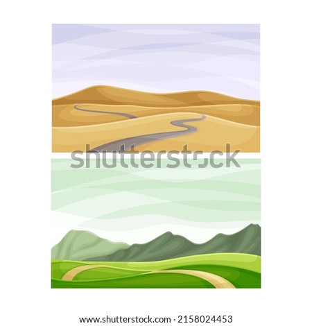 Beautiful autumn and summer landscape. Rural nature scenes with yellow and green field, hills and road vector illustration