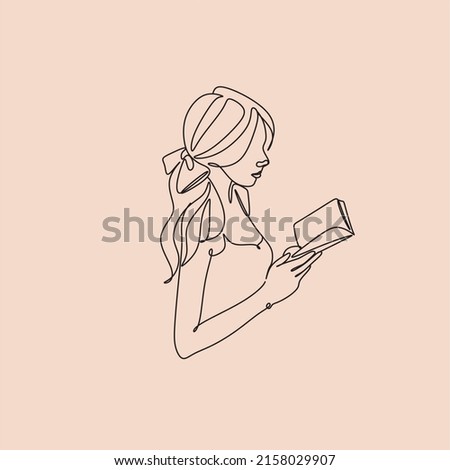 One line woman reading a book. Line Art Girl read book. Creative simple elegant minimalist illustration.  Vector illustration isolated on background.