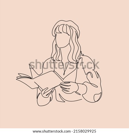 One line woman reading a book. Line Art Girl read book. Creative simple elegant minimalist illustration.  Vector illustration isolated on background.