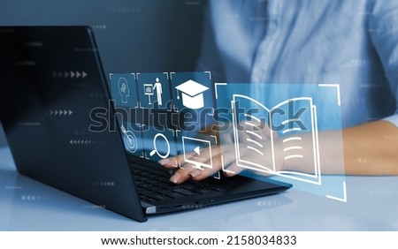 E-learning education, internet lessons and online webinar. Person who attends online lessons on a digital screen.Education internet Technology. Royalty-Free Stock Photo #2158034833