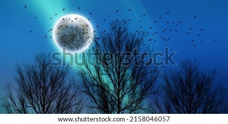 dry tree branches, flying birds silhouette, green aurora lights and glowing super moon