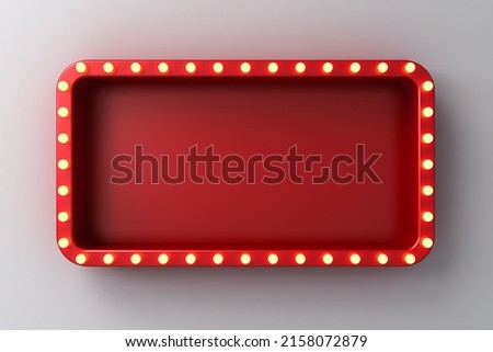 Retro billboard or blank shining signboard with glowing neon light bulbs isolated on white wall background with shadow 3D rendering