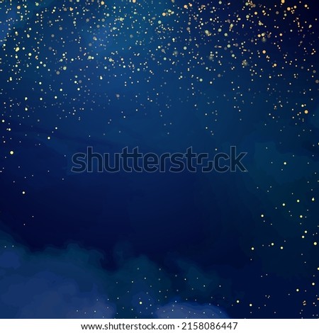 Magic night dark blue frame with sparkling glitter bokeh and light art. Square vector wedding card. Gold confetti and navy background. Golden scattered Christmas dust. Fairytale magic star template Royalty-Free Stock Photo #2158086447