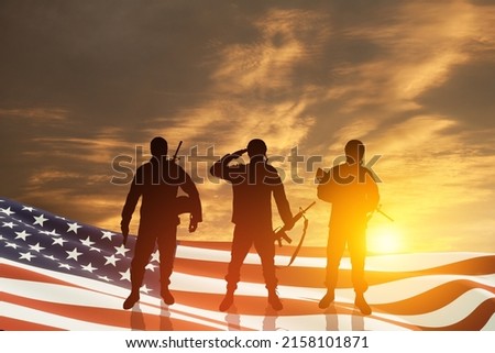 USA army soldiers saluting with nation flag on a background of sunset or sunrise. Greeting card for Veterans Day, Memorial Day, Independence Day. America celebration. 3D-rendering.